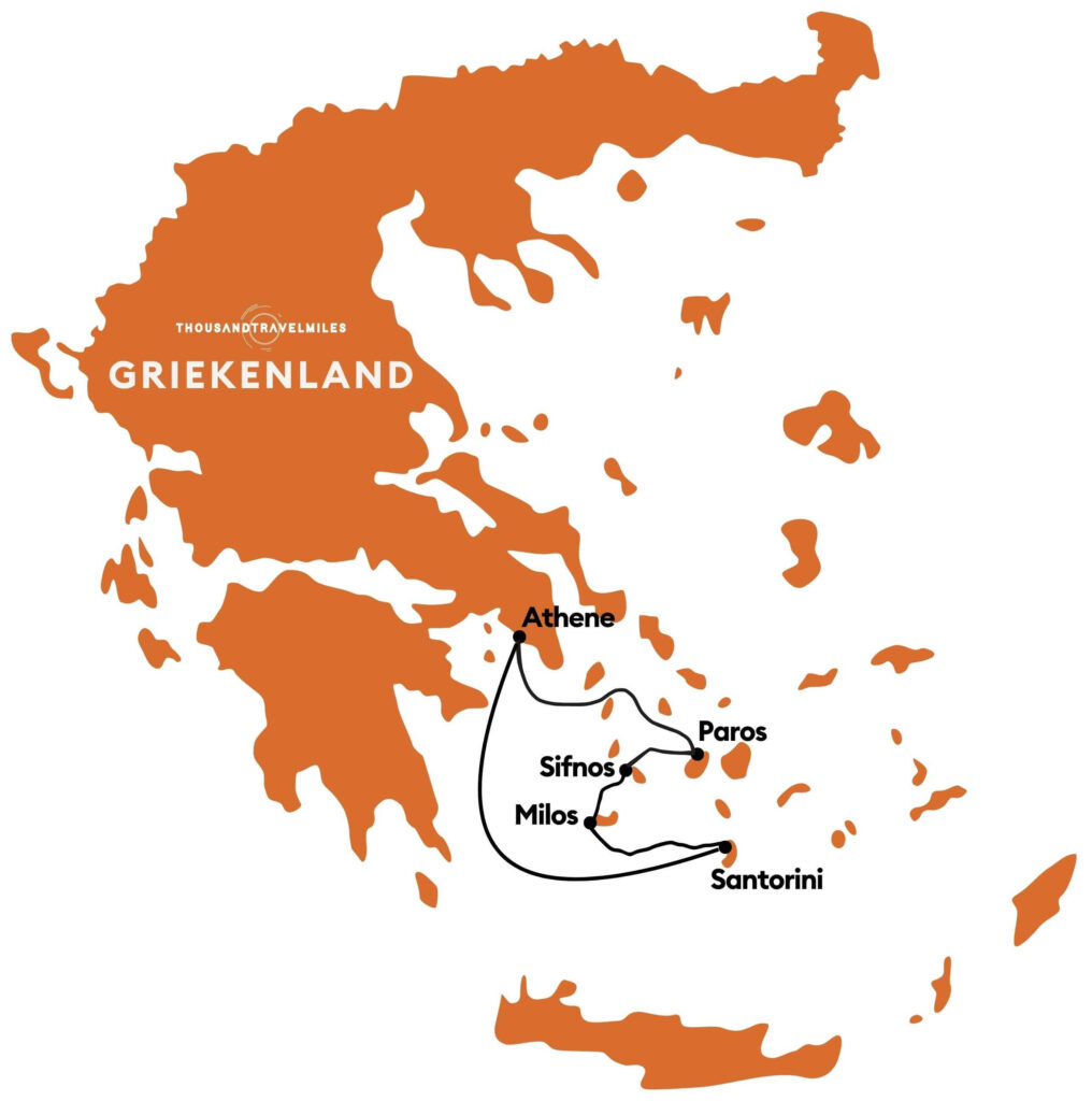 Reisroute voor eilandhoppen Griekenland langs Santorini, Milos, Sifnos, Paros en Athene