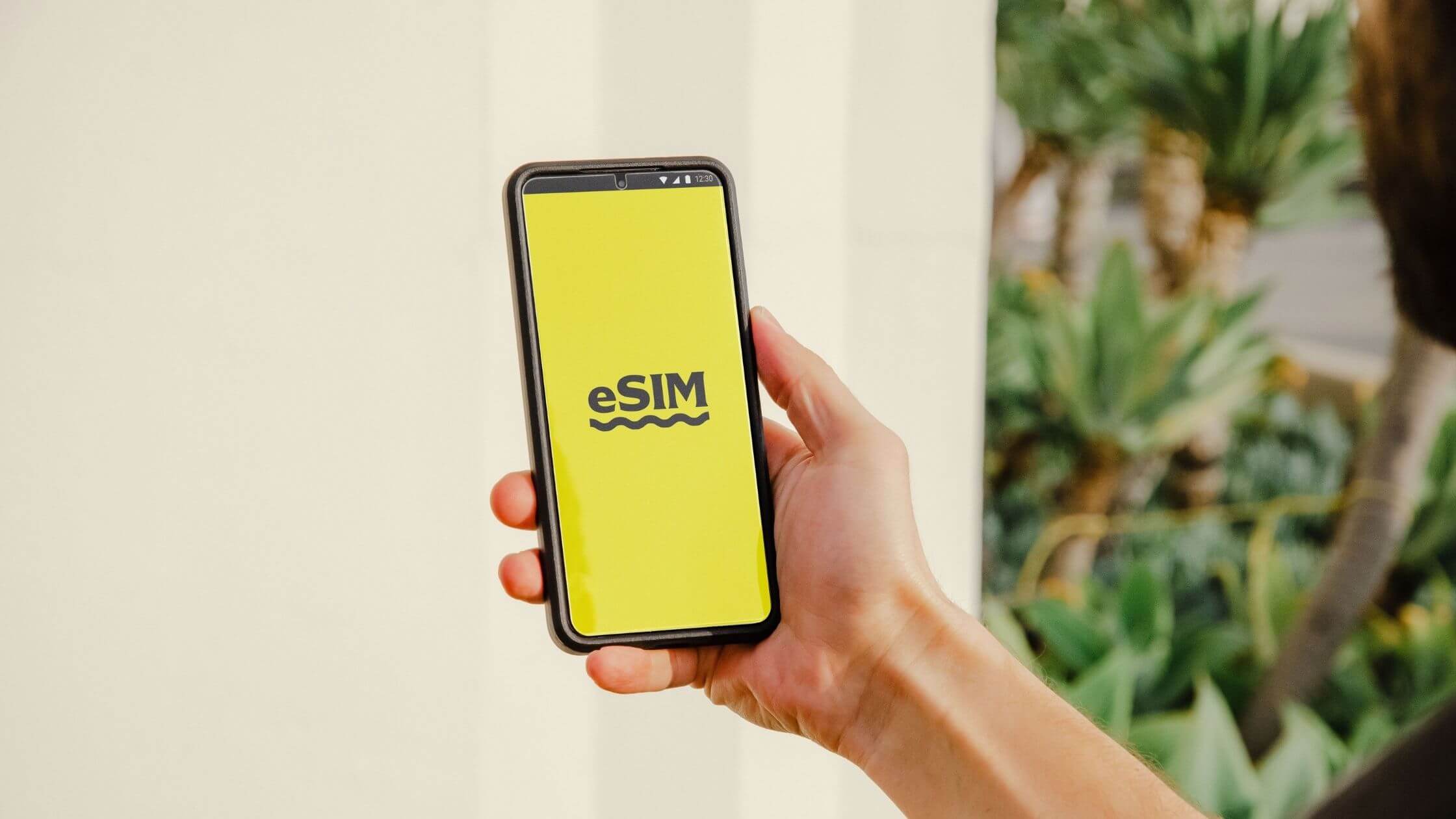 Hand met smartphone waarop eSIM staat, voor mobiel internet in het buitenland